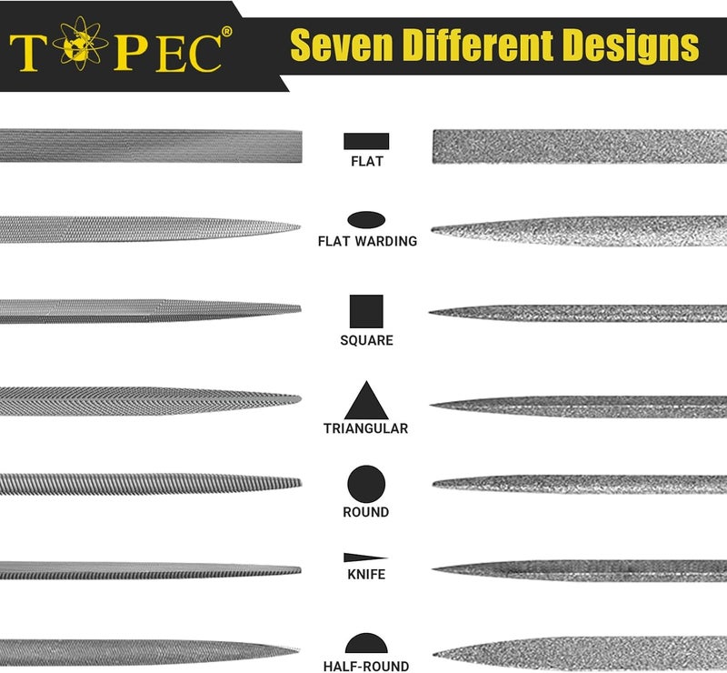 Topec Small File Set, Needle Diamond Files 15PCS, 7pcs Jewlers Files & 7pcs Steel Files with Metal Brush and Storage Bag，for Precision Metal File Work, Wood, Jewelry, Plastic, DIY Carving Tool Kit - Image 3